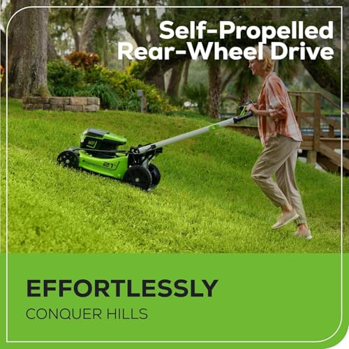 Image of Greenworks 60V 21in Brushless Self-Propelled Cordless Lawn Mower, 2 x 4.0Ah Batteries (3 /4 Acre, Rapid Charger, 4-in-1, LED Lights, IPX4), Extra Mower Blade