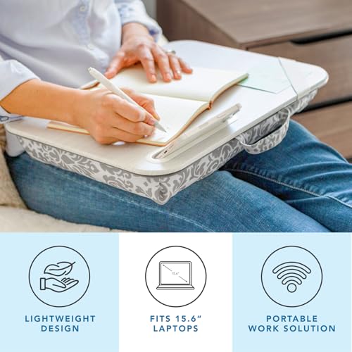 LAPGEAR XL Designer Schoßschreibtisch mit Telefonhalter und Geräteleiste – Grau Damast – passend für Laptops bis zu 43,8 cm (17,3 Zoll) – Stil Nr. 45524