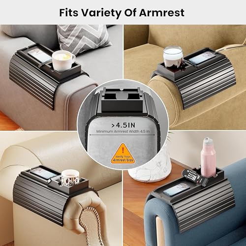 Image of Home Sparkle Premium Couch Armrest Tray Black 2-in-1 | Engineered Wood Sofa Arm Organizer with Cup Holder & Phone Stand | Foldable Anti-Slip Serving Tray for Coffee, Snacks & TV Time