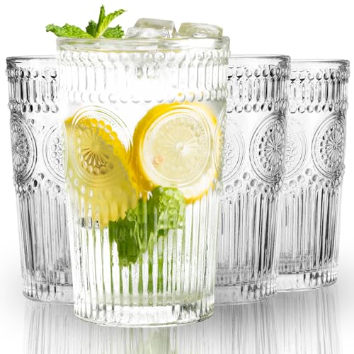 Highball Glasses Set of 4, 10.5 OZ Sunflower Drinking Glasses, Lead-Free Crystal Cocktail Glasses, Water Glasses for Juice, Cocktails, Wine, Iced Tea, Mojitos Glassware Set