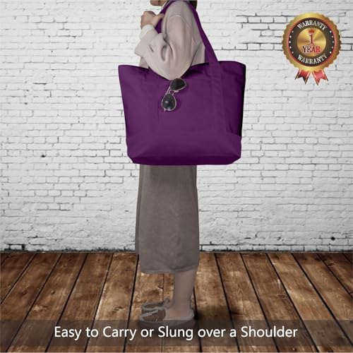 Image of TOPDesign 3-Pack Canvas Tote Bags with an External Pocket, Reusable Grocery Shopping Bags, Top Zipper Closure, Daily Essentials (Purple)