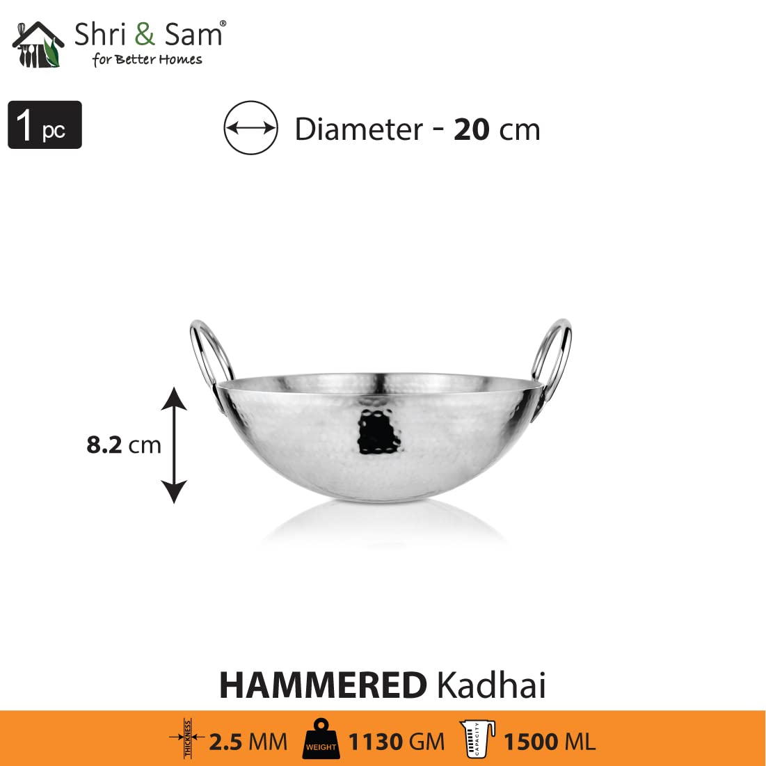 Shri & Sam Stainless Steel Heavy Weight Hammered Kadhai, 2.5 mm,20 cm, 1.1 Kg, 1.5 Litre - Image 2 thumbnail