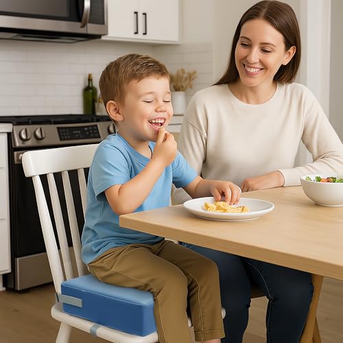 Image of Eiury Booster Seat for Kitchen Chair, Toddler Booster Seat for Dining Table, Waterproof PU Leather Kids Seat Cushion with Adjustable Straps, Non-Slip Bottom, Wipeable Seat Pad,Blue