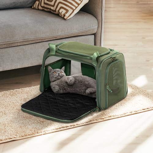 Petsfit Transportbox Hund Katze Faltbar Hundetasche für kleine Hunde Katzen Tragetasche mit verstellbarem Schultergurt & weiches expandierbare Kissen, M/Olivgrün