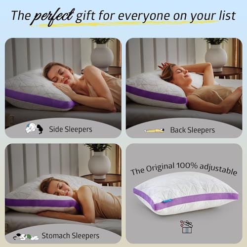 Image of BETU Cooling Pillow King Size, Shredded Memory Foam Pillows for Hot Sleepers, Adjustable Firm Bed Pillows, Hotel Collection Side Sleeper Pillow for Back Pain, Neck, Purple, 20 inchx36 inch