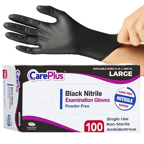 Care Plus Guantes de nitrilo para examen médico, grandes, sin látex, sin polvo, no estériles, aptos para alimentos, mecánicos, 100 unidades