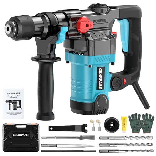 Martello perforatore SDS-Plus da 1500 W, trapano a percussione 7,4 Joule, martello demolitore 3 in 1, 4200 minuti, 6 marce, impugnatura aggiuntiva a 360°, con 3 punte per utensili secondo il sistema