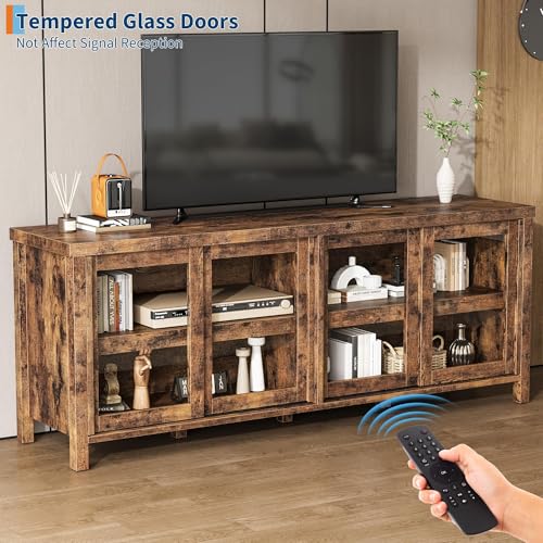 Image of 65 Inch TV Stand for Televisions Up to 70 Inches, Modern Entertainment Center with Storage, 4 Sliding Glass Doors, Mid-Century Style Media Console for Living Room,Retro Brown