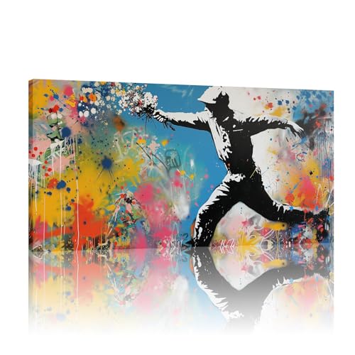 Tableau Banksy street art graffiti sur toile 80x160 cm avec cadre intérieur pour salon