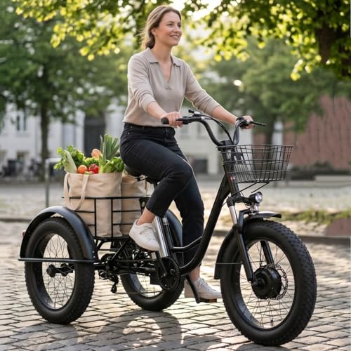 ZhouBSM Triciclo Eléctrico para Adultos, Bicicleta De Carga Eléctrica con Neumáticos Anchos De 20', Batería Extraíble De 48 V/12 Ah - Autonomía De 35Km, para Desplazamientos Diarios