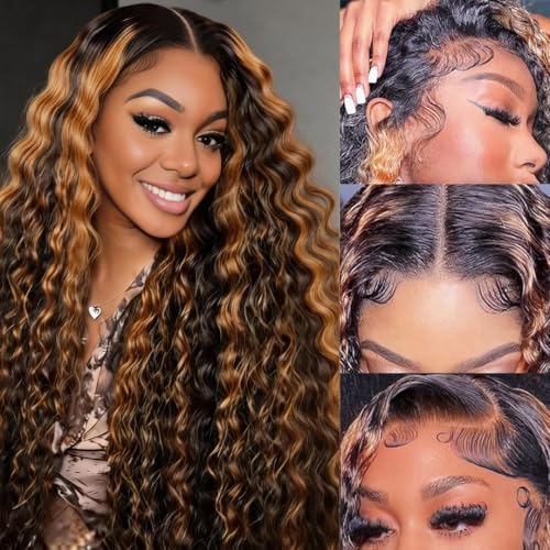28 Inch 200 Density 1B/30 Highlight Ombre Deep Wave Lace Front Wigs Human Hair Wear and Go Glueless Wigs Human Hair Pre Plucked 13x4x1 T part Synthetic Blend Wig Highlight Ombre Curly Human Hair Wig