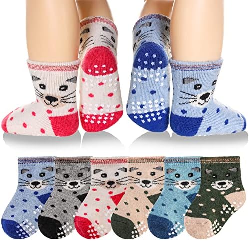 Eyean Baby Wool Grip Sock Soft Winter Warm Thick Non Slip Toddler Boy Girls Crew Socks For Children 6 Pairs (Cat-B, 1-3 Years)