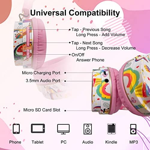 Unicorn Kids Headphones Wireless, Pink Headphones for Girls, Toddler Headphones Over Ear for Age 2+, 85db Volume Limit Foldable Children Bluetooth Headphones with Mic Compatible with iPad/Tablet