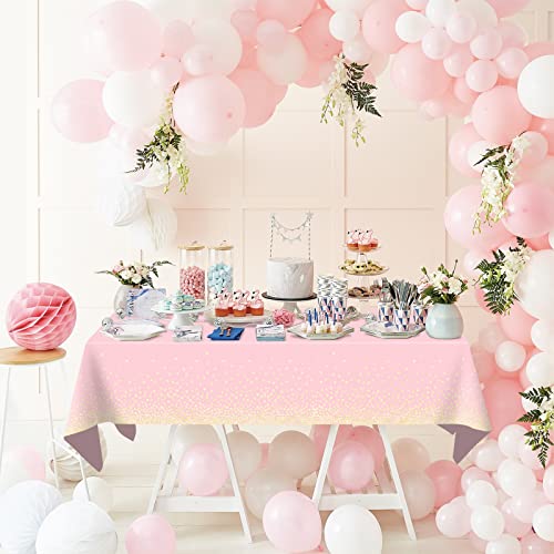 Image of Mulbozy 2 Pcs Pink Tablecloth 54 inchx108 inch Gold Dot Pink Table Cloth, Pink Disposable Plastic Tablecover for Birthday, Baby Shower, Picnic, Camping, Event & Parties