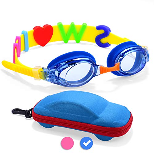 Kids Swim Goggles, Waterproof Anti Fog UVA/UVB Protection No Leaking Clear Wide Vision Soft Silicone Gasket Swimming Glasses with Case, Nose Clip, Earplugs for Boys Girls Youth Kids