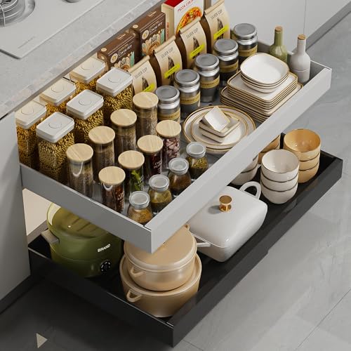 WQU Ausziehbarer Schrank Organizer mit Teleskopschublade (Schwarz), Schrankauszug zum Kleben, Schublade für Küche, Bad & mehr, Küchenschrank Ordnungssysteme, Schrankschublade ausziehbar