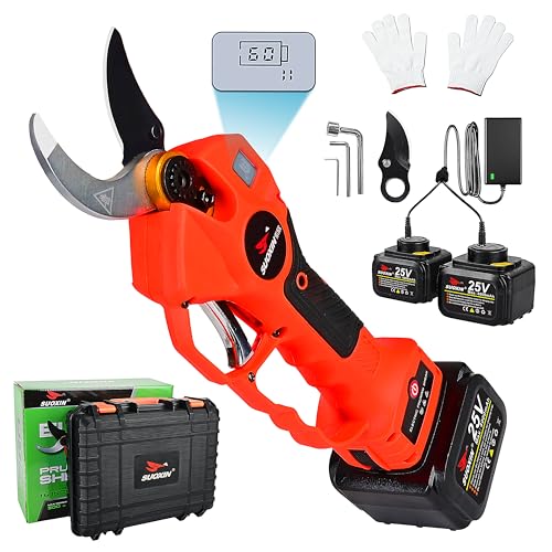 Image of 25V Electric Pruning Shears, Suoxin 1.6 inch Cutting diameter Brushless Cordless Tree Pruner with LCD Display, 2x4.0Ah Batteries, SK5 Blade - Professional Garden Tool for Thick Branches