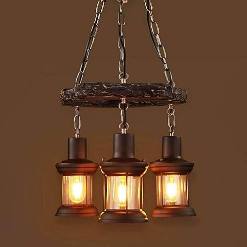 Miniatura 5 de LAKIQ Lámpara colgante industrial de madera, retro, mesa de comedor, lámpara de 3 luces, farol, decoración de la casa para comedor, sala de estar,