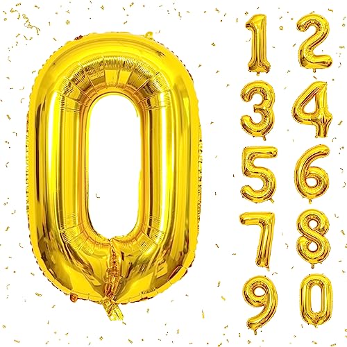 Image of 40 Inch Gold Number Balloons, Helium Mylar Foil Number Balloons for Birthday, Number 0 Balloon for Birthday Decorations for Kids, Anniversary Party Decorations Supplies
