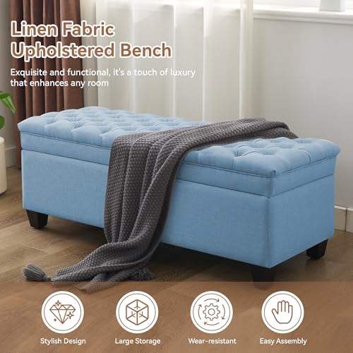 Image of WUTUTUEE 50 inch Fabric Storage Ottoman Bench, Upholstered Rectangle End of Bed Storage Ottoman Tufted Living Room Bedroom Bench with Safety Hinge, Solid Wood Legs, Loads 500 lb(Light Blue)