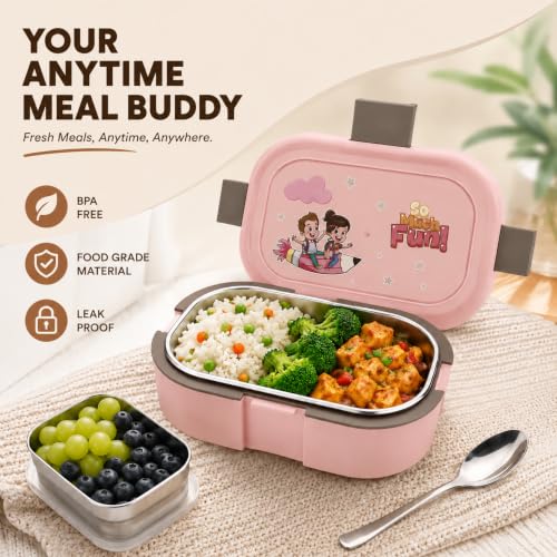 Image of Stainless Steel Lunch Box | Tiffin Box for School Office College | Lunch Box with Spoon & Small Container (Pink 1 Brunch Box)