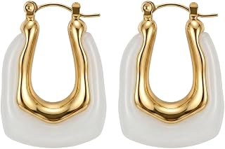 BRANN U-Shape Hoop Earrings for Women | 18K Gold Plated 316L Stainless Steel with Milky White Resin | Geometric Korean Sty... Price In India