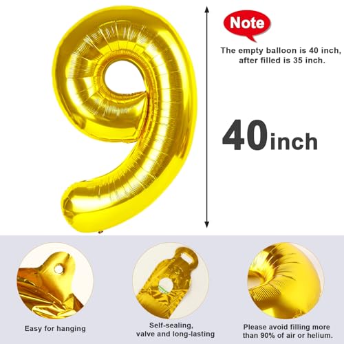 Image of 9 Balloon Numbers Birthday Decorations, 40In Gold Balloons for Men Women | Eye-catching Appearance, Perfect Decorative Centerpieces, Convenient Self-sealing Structure, Widely for Various Occasions