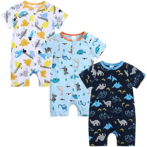 Petalum Baby Mädchen Pyjama Sommer aus Baumwolle Kurzarm mit Reißverschluss 3pcs Kleinkind Jungen Schlafstrampler Drucken Jumpsuit Body Spieler Outfits Set C 3-6Monate Cover