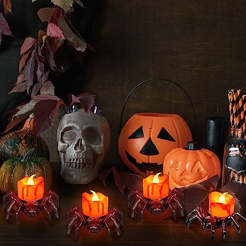 6 PCS Halloween Tea Lights Candles, Battery Operated Halloween's Flameless LED Candles, Spider Tealights Spooky Electric Flickering Fake Candle for Halloween Party Decorations3