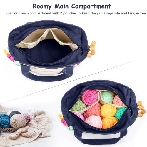 Image of MYBAGZING Canvas Yarn Storage Organizer Bag Washable Crochet Bag with Pockets for Yarn, Hooks, Needles - Travel Knitting Tote for Crafters - Gift for Crocheters & Knitters (Medium /Large)