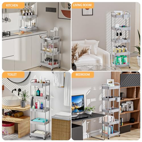 Image of 5 Tier Rolling Utility Cart with Handle,REBECAT Utility Cart Made of Multifunctional Storage Organizer Tool for Kitchen,Bathroom,Living Room,Office(Gray)