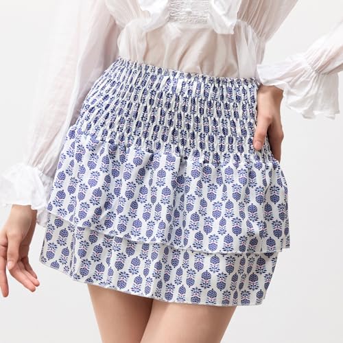 Women's Summer Smocked Mini Skirts Boho Floral High Waist A-Line Short Skirts Layered Ruffle Skirts Streetwear4