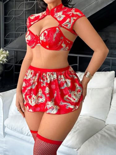 Image of Alrovetoney Sexy Lingerie Fantasy Costume Sexy Series Printed Cut-Out Slit Women's Costume Red S-XXL