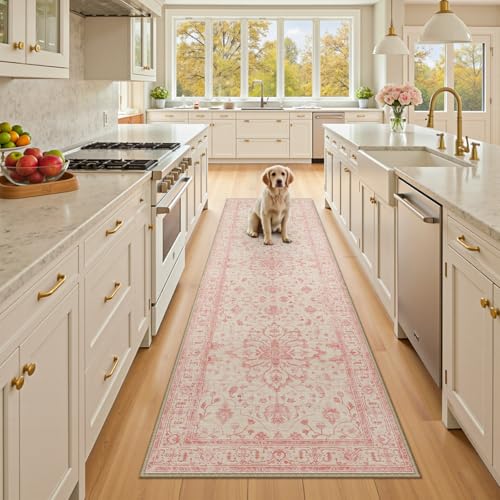 RELEANY Washable Area Rug, Runner 2'x8', Pink/Light Vintage Pink