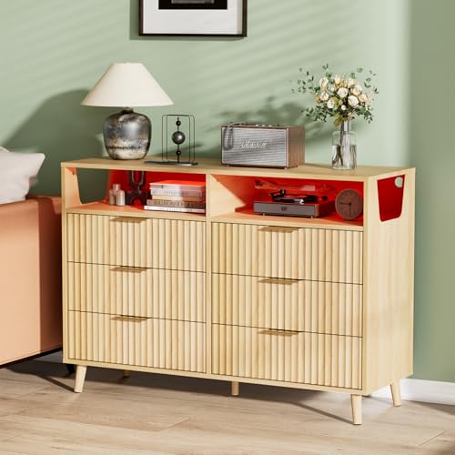 Image of VINGLI Fluted Dresser Led, 6 Drawer Dresser for Bedroom, Light Wood Bedroom Dressers Oak, 47 inch W*15.75 inch D*33 inch H