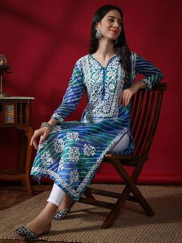 Image of Seva Chikan Hand Embroidered Lucknowi Chikankari Aqua Green Kota Women Kurta Kurti with Matching Slip (4047 Aqua Green XS)
