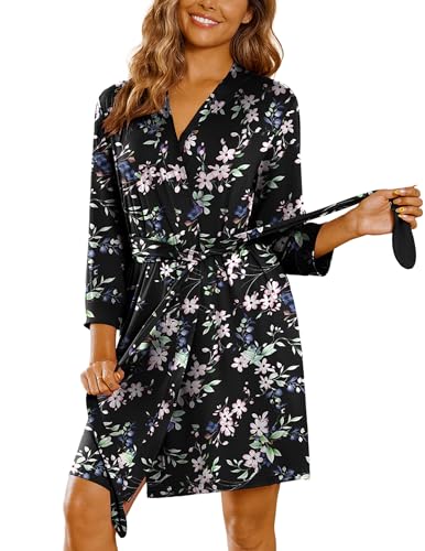 Image of Ekouaer Women's Robes Lightweight 3 /4 Sleeve Short Knit Bathrobe Soft Knee Length Sleepwear Robes with Pockets S-XXL