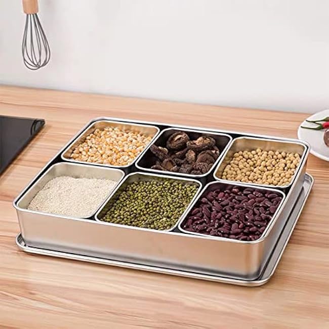 Stainless Steel Seasoning Box with Lid and Holder Tray, 6 Compartments Rectangle Masala Dabba Spice Container, Indian Masala Box Organizer Set for Kitchen Condiment Storage (6 Compartments)