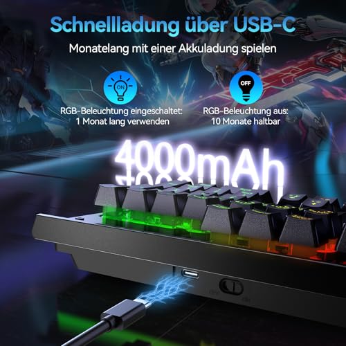 TECKNET Gaming-Tastatur Kabellos, QWERTZ-Tastatur (Deutsches Layout), Membran Tastatur mit 105 Tasten, Vollmetall-Pane, RGB Beleuchtung, Handgelenkauflage, 25 Anti-Ghosting-Tasten für Gamer & Büro 2