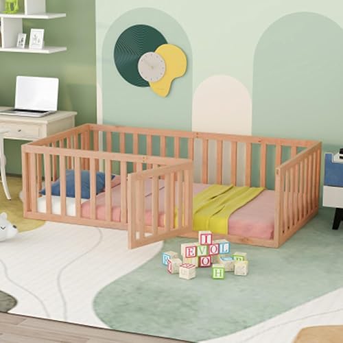 P PURLOVE Base de cama de suelo de tamaño individual para niños, camas Montessori de madera con riel de valla para niños y niñas, (natural, cama