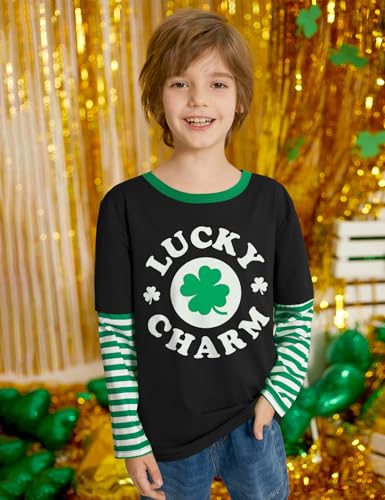 Image of Unisex Kid's St Patrick's Day Shamrock Top Striped Patchwork Irish Clover Long Sleeve Shirt 4-14 Years