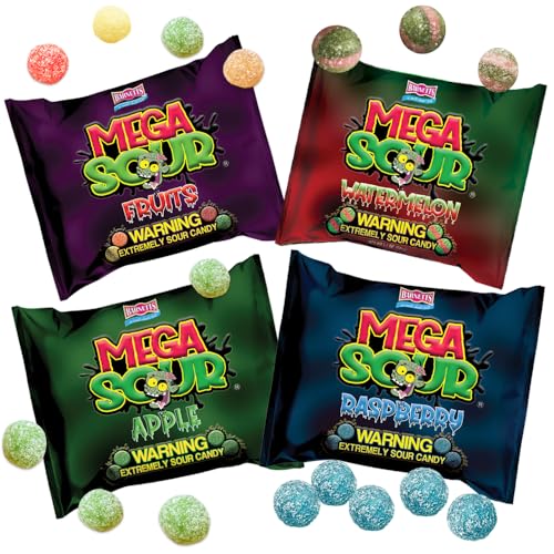 4 Pack Bundle Barnetts Mega Sour Candy - Raspberry | Fruits | Apple | Watermelon - Trendy Sweet Bags - Traditionally Handmade Sweets (104g x 4)