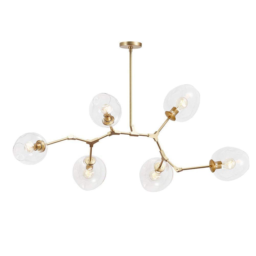 CSXSXAUO Adjustable Nordic Glass Ball Chandelier, Matte Black Pendant Light, E26 Metal, Hand-Blown, 6-Light Mid Century Globe Fixture, Transparent Gold, 59"