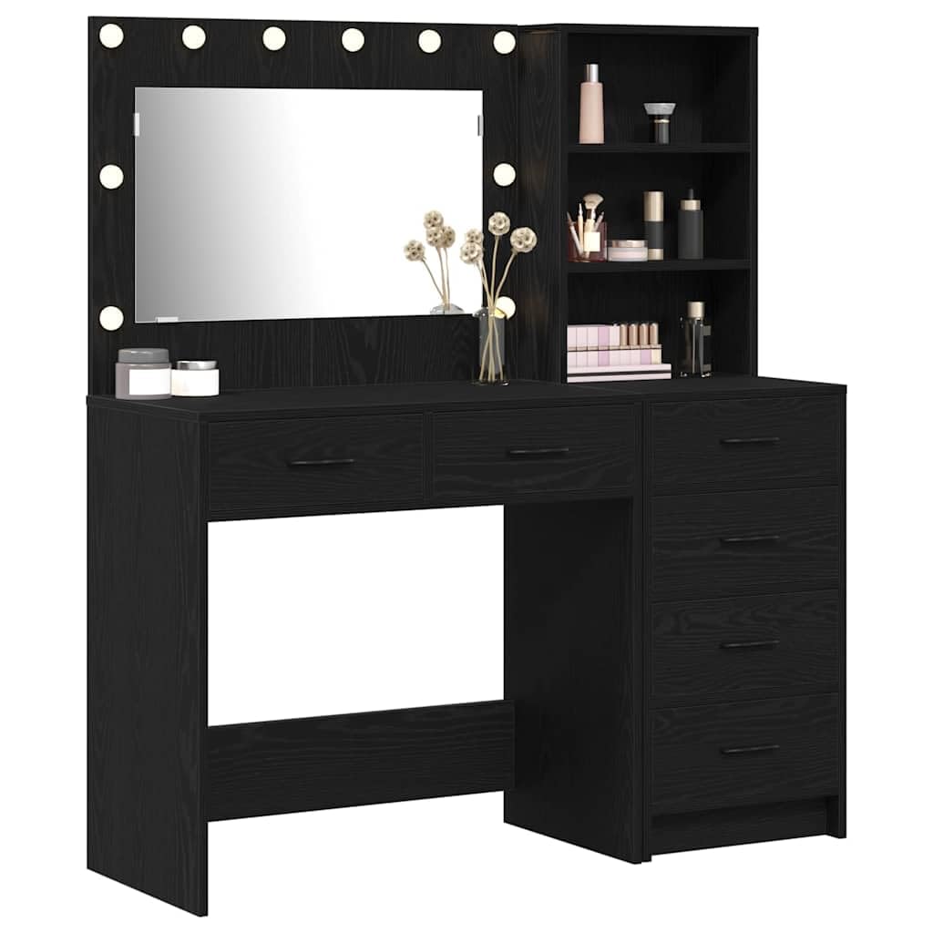 Tavolo da Trucco Nero in Legno multistrato 78,5 x 41 x 135 cm con Cassetti e Strisce LED per Camera da Letto, Mobiletto Organizzatore Salvaspazio per Make Up e Cosmetici