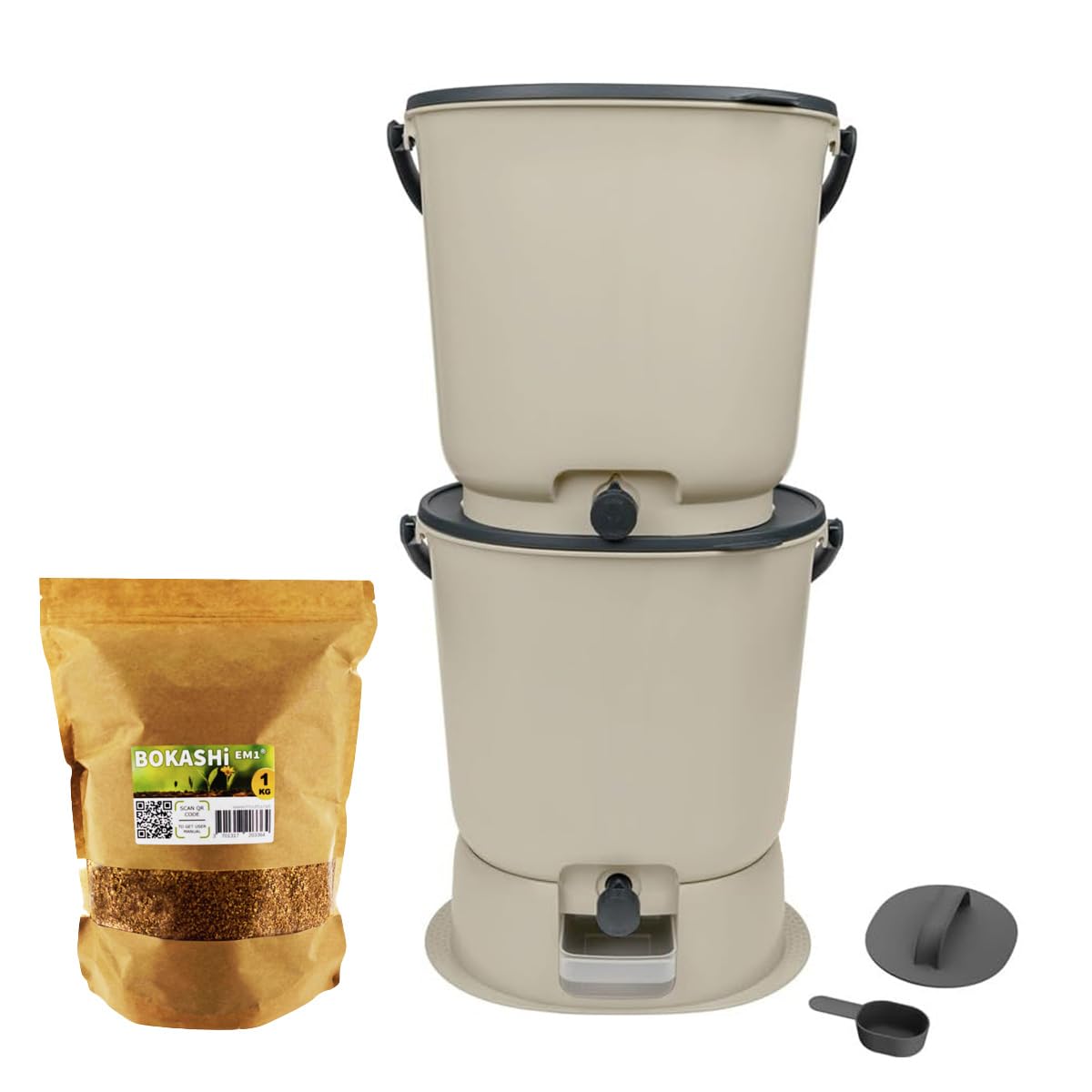 Bokashi Organko Essential Crème (15,3L) | Kit 2 seaux à Compost Organique avec compacteur + 1kg d'Activateur EM-1 de Fermentation fabriqué en France