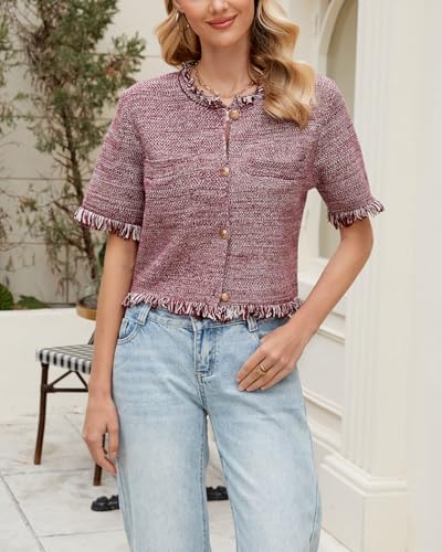 Image of Ladyful Womens Short Sleeve Cardigan Sweater Summer Lightweight Y2K Knitted Open Front Crop Sweater Top