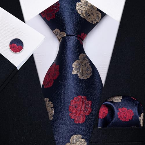 Image of YourTies Silk Paisley Floral Tie and Pocket Square Cufflinks with Lapel Pin Sets for Men 5PC Wedding Party