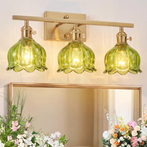 Image of 3-Light Vintage Bathroom Vanity Light, 19.4 inch Brass Hardwired Wall Sconce with Amber Tulip Glass Shades, Brushed Gold Vanity Light for Mirror, Restroom, Bedroom (Green, 3-Light)
