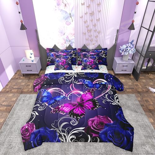Image of Feelyou Cute Butterfly Comforter Set with Sheets 7 Piece Queen Size 3D Butterflies Bed in a Bag Kids Boys Girls Galaxy Dreamy Bedding Set Glitter Rose Floral Microfiber