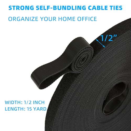 Image of 15 Yards x 1 /2 inch Hook and Loop Roll, Reusable Fastening Cable Ties, Multi-Purpose Cable Management Wire Ties Cable Straps for Organizing Home, Office and Data Centers